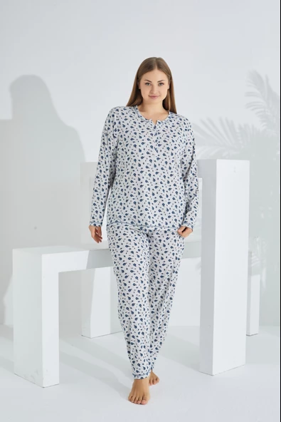 %100 Pamuk Uzun Kol Büyük Beden Kadın Pijama Takımı 98280BB - 2