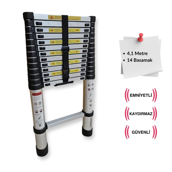 410 cm. - 14  Basamaklı Teleskobik / Teleskopik Alüminyum Merdiven - I Tipi Uzayan Merdiven