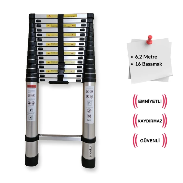 Endokon 620 cm. - 16  Basamaklı Teleskopik Alüminyum Merdiven - I Tipi Uzayan Merdiven - 4