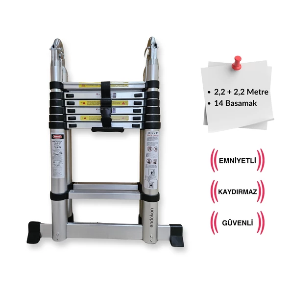 Endokon 220 + 220 cm. - 7+7 Basamaklı Teleskopik Merdiven - A Tipi Uzayan Merdiven