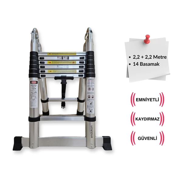 Endokon 220 + 220 cm. - 7+7 Basamaklı Teleskopik Merdiven - A Tipi Uzayan Merdiven - 3