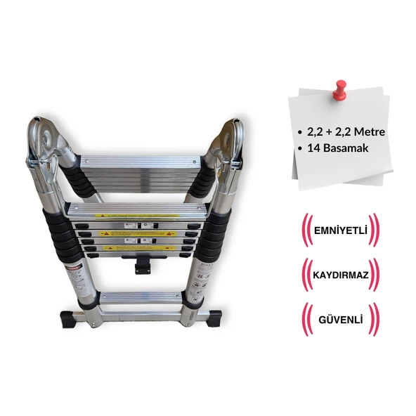 Endokon 220 + 220 cm. - 7+7 Basamaklı Teleskopik Merdiven - A Tipi Uzayan Merdiven - 4