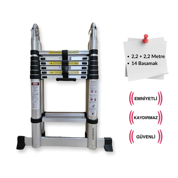 220 + 220 cm. - 7+7  Basamaklı Teleskobik / Teleskopik Alüminyum A Merdiven
