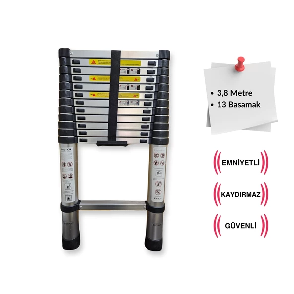 13 basamak - 380 cm. Teleskobik / Teleskopik Alüminyum Merdiven