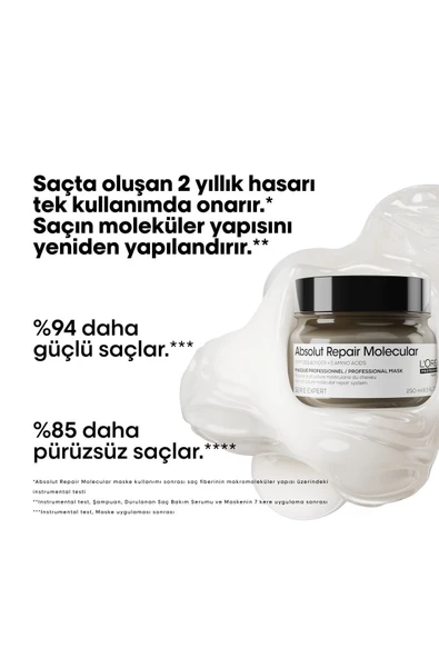 Loreal Professionnel Absolut Repair Molecular Tüm Yıpranmış Saçlar İçin Yoğun Onarıcı Maske 250 ml - Resim 2
