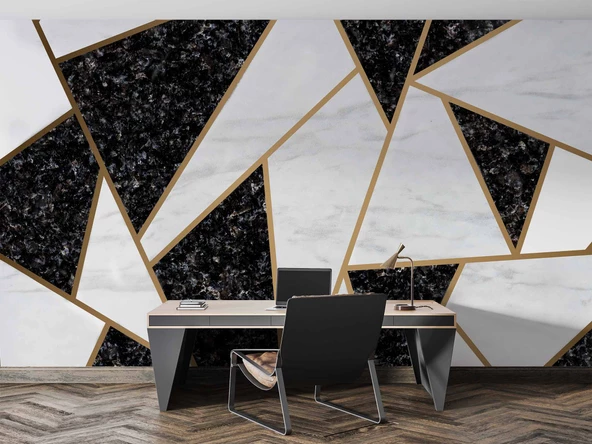 Siyah Beyaz Üçgen Mermer Desenli Duvar Kağıdı Baskı - Resim 4