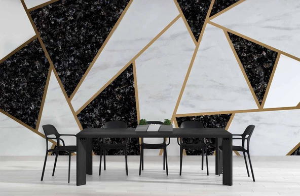 Siyah Beyaz Üçgen Mermer Desenli Duvar Kağıdı Baskı - Resim 5