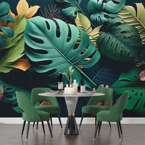 Yeşil Yaprak Desenli Duvar Kağıdı Baskı - Resim 5