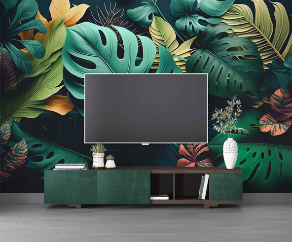 Yeşil Yaprak Desenli Duvar Kağıdı Baskı - Resim 3