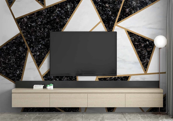 Siyah Beyaz Üçgen Mermer Desenli Duvar Kağıdı Baskı - Resim 3