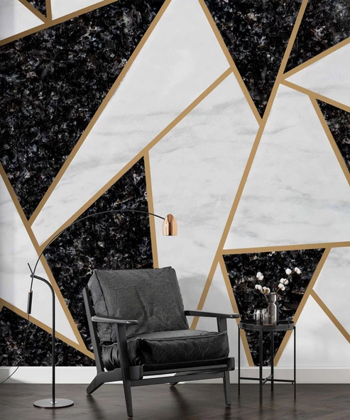 Siyah Beyaz Üçgen Mermer Desenli Duvar Kağıdı Baskı - Resim 6