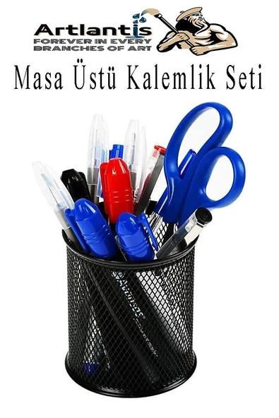 Masa Üstü Siyah Fileli Kalemlik Seti 3 Parça 1 Paket 3 lü Masa Üstü Düzenleyici Kalemlik Küp Notluk Ataşlık - 5