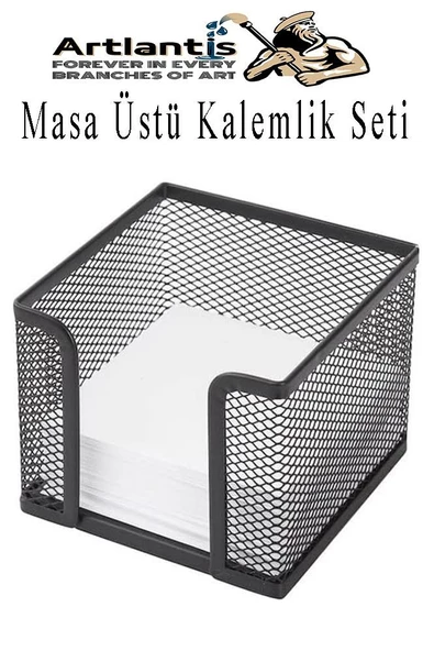 Masa Üstü Siyah Fileli Kalemlik Seti 3 Parça 1 Paket 3 lü Masa Üstü Düzenleyici Kalemlik Küp Notluk Ataşlık - 3