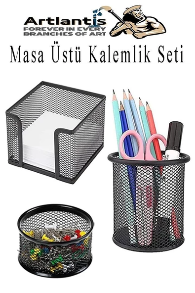 Masa Üstü Siyah Fileli Kalemlik Seti 3 Parça 1 Paket 3 lü Masa Üstü Düzenleyici Kalemlik Küp Notluk Ataşlık