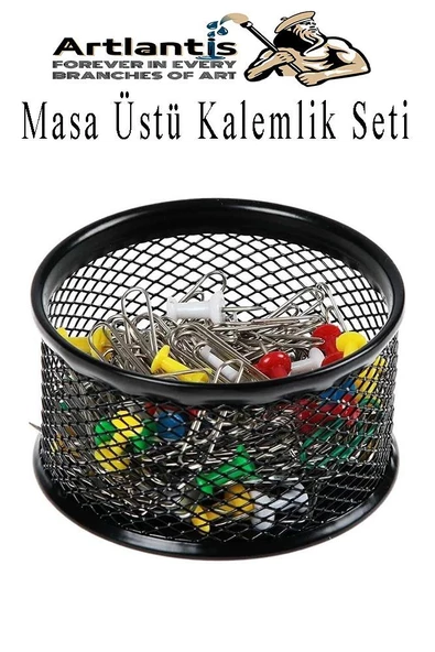 Masa Üstü Siyah Fileli Kalemlik Seti 3 Parça 1 Paket 3 lü Masa Üstü Düzenleyici Kalemlik Küp Notluk Ataşlık - 4