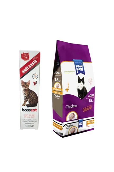 Paw Paw Tavuklu Yetişkin Kedi Maması 15 kg + Tüy Önleyici Malt