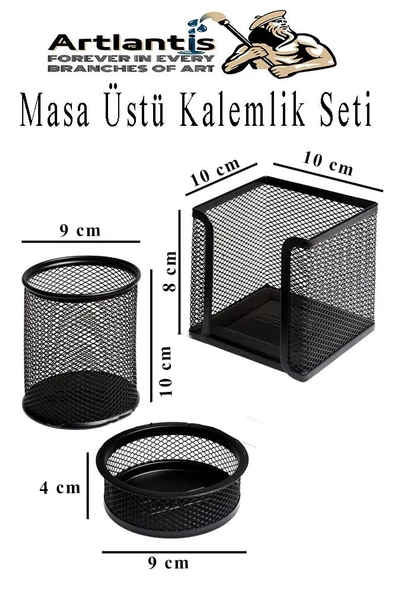 Masa Üstü Siyah Fileli Kalemlik Seti 3 Parça 1 Paket 3 lü Masa Üstü Düzenleyici Kalemlik Küp Notluk Ataşlık - 2