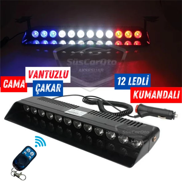 S12 Kumandalı Cam İçi Vantuzlu Polis Çakar Lamba İkaz Lambası 12 Ledli 14 Farklı Mod Kablosuz Kırmızı Beyaz Mavi 3 Renk Çakmaklık Girişli