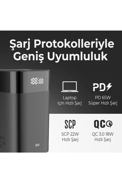 Bix  Pb65w 20000mah Usb Ve 2 type-c Pd 65w Üç Çıkışlı Dijital Ekranlı Powerbank Siyah - 4