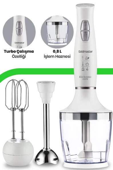 GOLDMASTER  Kitchenmix 1000w Güçlü Motor Turbo Hız Ayarlı 3 In 1 Blender Set Beyaz - 6