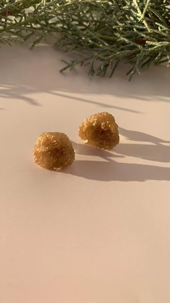 Kahverengi Gold Renkli Kristal Şekil Gümüş Aksesuarlı Epoksi Küpe El Yapımı Hediyelik - Resim 5