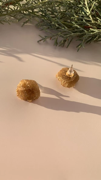 Kahverengi Gold Renkli Kristal Şekil Gümüş Aksesuarlı Epoksi Küpe El Yapımı Hediyelik - Resim 3