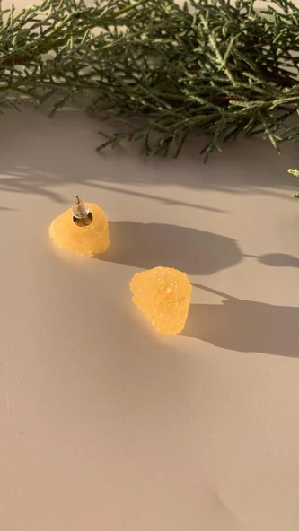 Parlak Somon Renkli Kristal Şekil Gümüş Aksesuarlı Epoksi Küpe El Yapımı Hediyelik - Resim 3