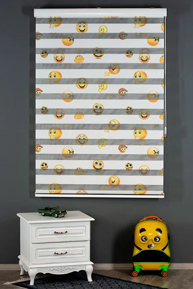 Blind-X Emoji Baskılı Desenli Stor Zebra Perde Çocuk Odası Perdesi ve Mutfak Perdesi Dayanıklı Alüminyum Kasa