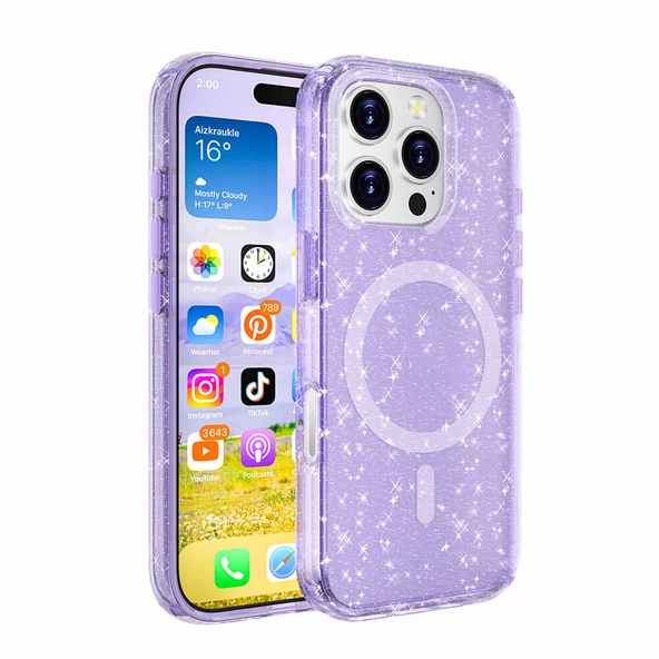 iPhone 16 Pro Max Kılıf Magsafe Şarj Özellikli Parlayan Simli Saydam Renkli Allstar Kılıf - 5