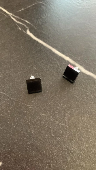 Parlak Siyah Renkli Küçük Kare Şekil Gümüş Aksesuarlı Epoksi Küpe El Yapımı Hediyelik - Resim 6