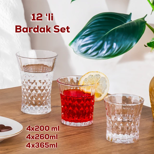 Porsima 234 12'li Cam Bardak Seti - Su, Kahve, Meşrubat Bardağı - Su, Bardak Takımı 200ml - 260ml - 365ml - 2