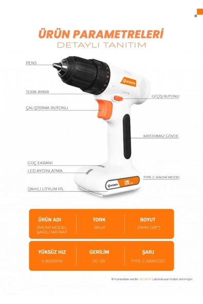wüber Pro Germany Akıllı Şarjlı Matkap Akülü Vidalama Usb Li Extra Güçlü Araba Şarj Type-c Girişli - 4