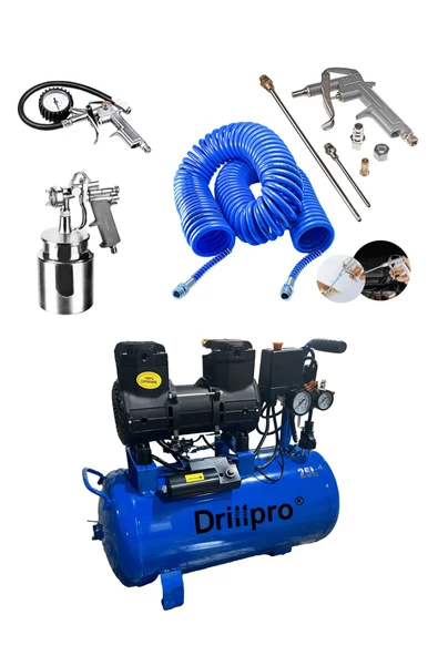 Drillpro 25 Lt Sessiz Hava Kompresörü 5 Parça Havalı Profesyonel Set Hediyeli