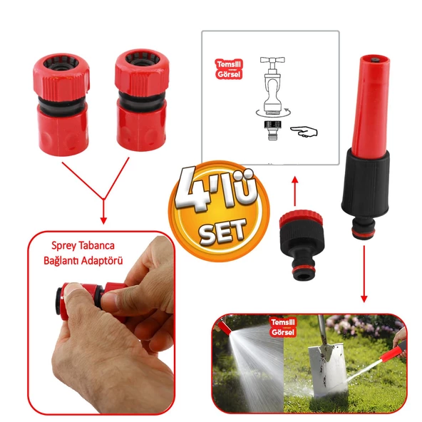 Hortum Sulama Başlığı Seti 4 Parça Su Tabanca Bağlantı Ekleme Aparatı Eki Bahçe Sulama Adaptörü - 2