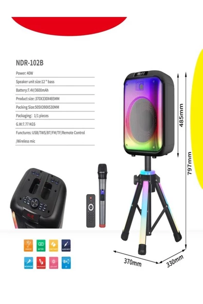 ULTRATEKNO NDR-102B Full RGB Işıklı Sahne Ayaklı 12 inç 40 WATT Taşınabilir Kablosuz Mikrofonlu Ses Sistemi - 7