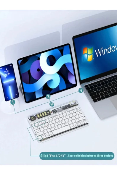 ULTRATEKNO ZR612 Taşınabilir Ultra İnce Tablet Laptop Uyumlu RGB Işıklı Şeffaf Bluetooth Klavye - 3