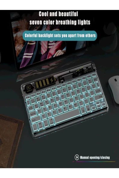 ULTRATEKNO ZR612 Taşınabilir Ultra İnce iPad Tablet Laptop Uyumlu RGB Işıklı Şeffaf Bluetooth Klavye - 3