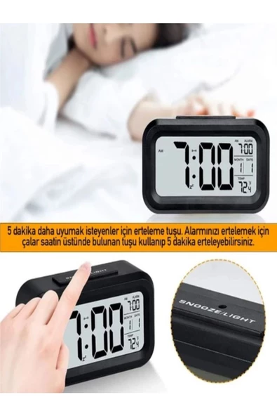 ULTRATEKNO Dekoratif Işıklı Saat Alarmlı Termometreli Dijital Saat Tarih Gösteren Başucu Masa Saati - 4