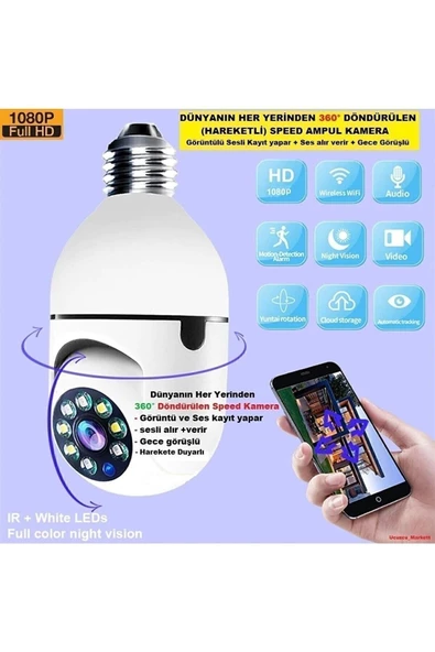 ULTRATEKNO Gece Görüşlü 360 Derece Led Işık 1080p Wifi Kamera Kablosuz Panoramik Balıkgözü Ampul Kamera - 4