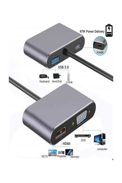 ULTRATEKNO Macbook Uyumlu Type-C To 4K Ultra Hd 1080p Hdmı/ Vga/ Pd Şarj/ USB 3.0 4IN1 Çevirici Hub Adaptör - 4