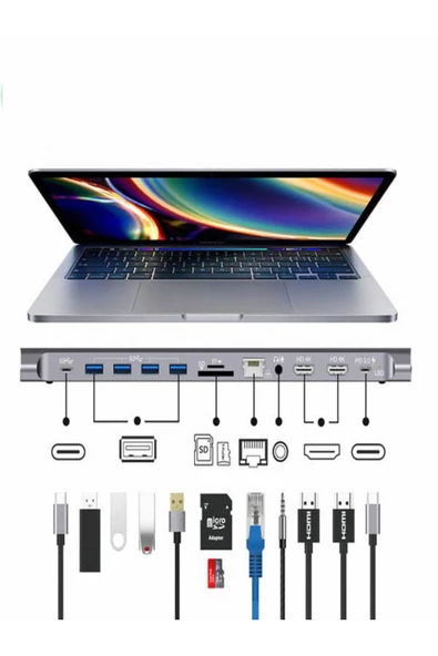 BAYINDIRELEKTRONİK 14 In 1 Macbook Uyumlu Type-C Hub USB 3.0-SD/TF-RJ45-HDMI-VGA-USB-C 60W Dönüştürücü - 5