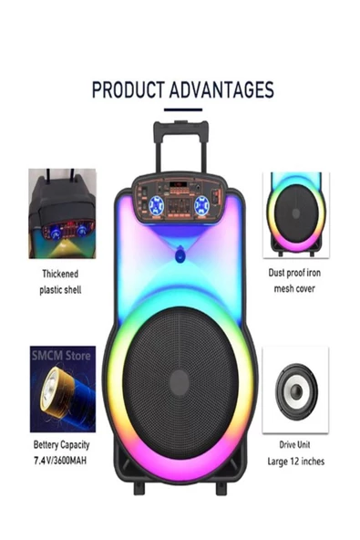 ULTRATEKNO NDR Y-12 Full RGB Panel 40 WATT Taşınabilir Büyük Boy Bluetooth Mikrofonlu Hoparlör - 5