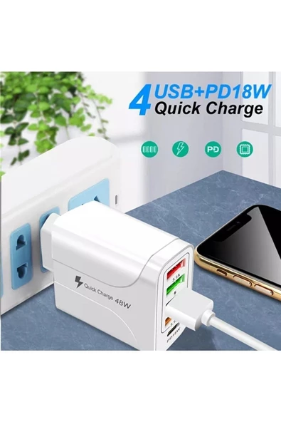 ULTRATEKNO Turbo 48w 4 Usb Li Çoklu Şarj Adaptörü 3.1a Type-c Pd 18w