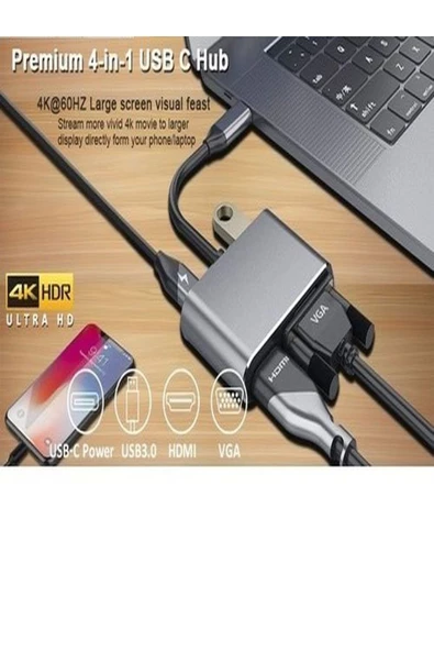 ULTRATEKNO Macbook Uyumlu Type-C To 4K Ultra Hd 1080p Hdmı/ Vga/ Pd Şarj/ USB 3.0 4IN1 Çevirici Hub Adaptör - 5