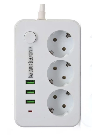 BAYINDIRELEKTRONİK Akım Korumalı 3 Port Usb Çoklu Grup Priz 2 Metre Kablo 2.1 A