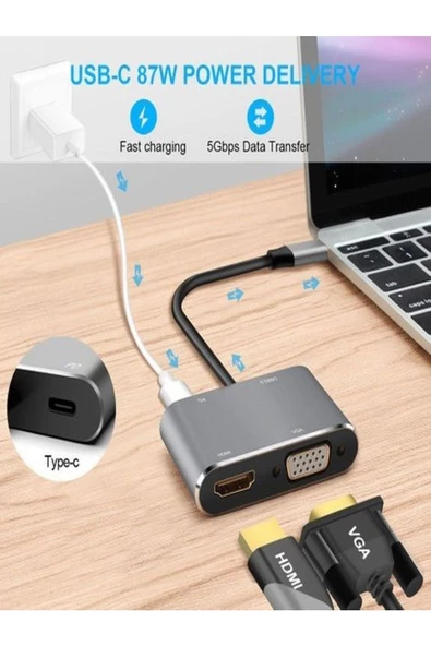 ULTRATEKNO Macbook Uyumlu Type-C To 4K Ultra Hd 1080p Hdmı/ Vga/ Pd Şarj/ USB 3.0 4IN1 Çevirici Hub Adaptör - 2