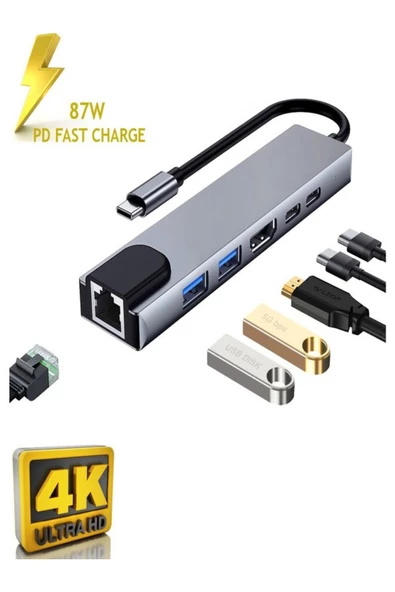 ULTRATEKNO 6in1 HUB Macbook Uyumlu Type-C™ To 4K HDMI Tv Projeksiyon Ultra Hd 1080P RJ45 Çevirici Hub