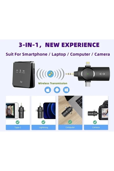 BAYINDIRELEKTRONİK Type-C iPhone Çiftli Kablosuz Yaka Mikrofonu 3in1 Kamera PC Android iOS Uyumlu - 5