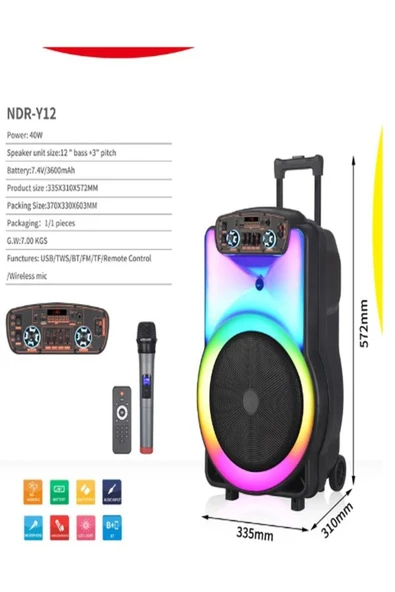 ULTRATEKNO NDR Y-12 Full RGB Panel 40 WATT Taşınabilir Büyük Boy Bluetooth Mikrofonlu Hoparlör - 4