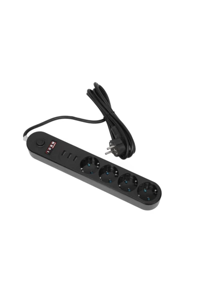 Icon Akım Korumalı 4'lü Priz 3 Port Usb Çoklu Grup Priz 2 Metre Kablo 10a - Siyah - 2